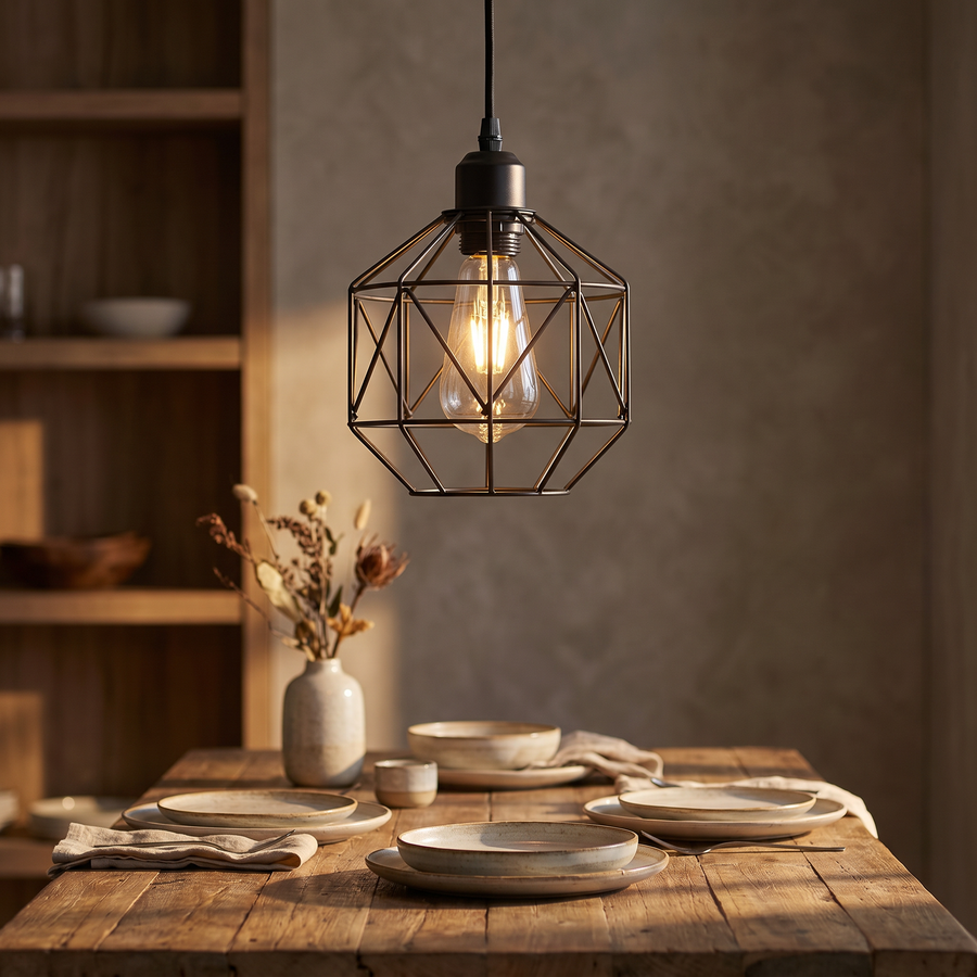 Vintage Cage Pendant Light Faceted Black Metal Shade