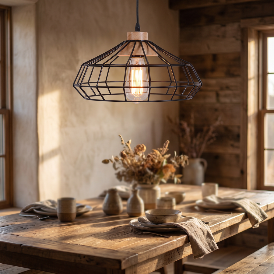 Rustic Caged Pendant Light Black Metal Wood Cap