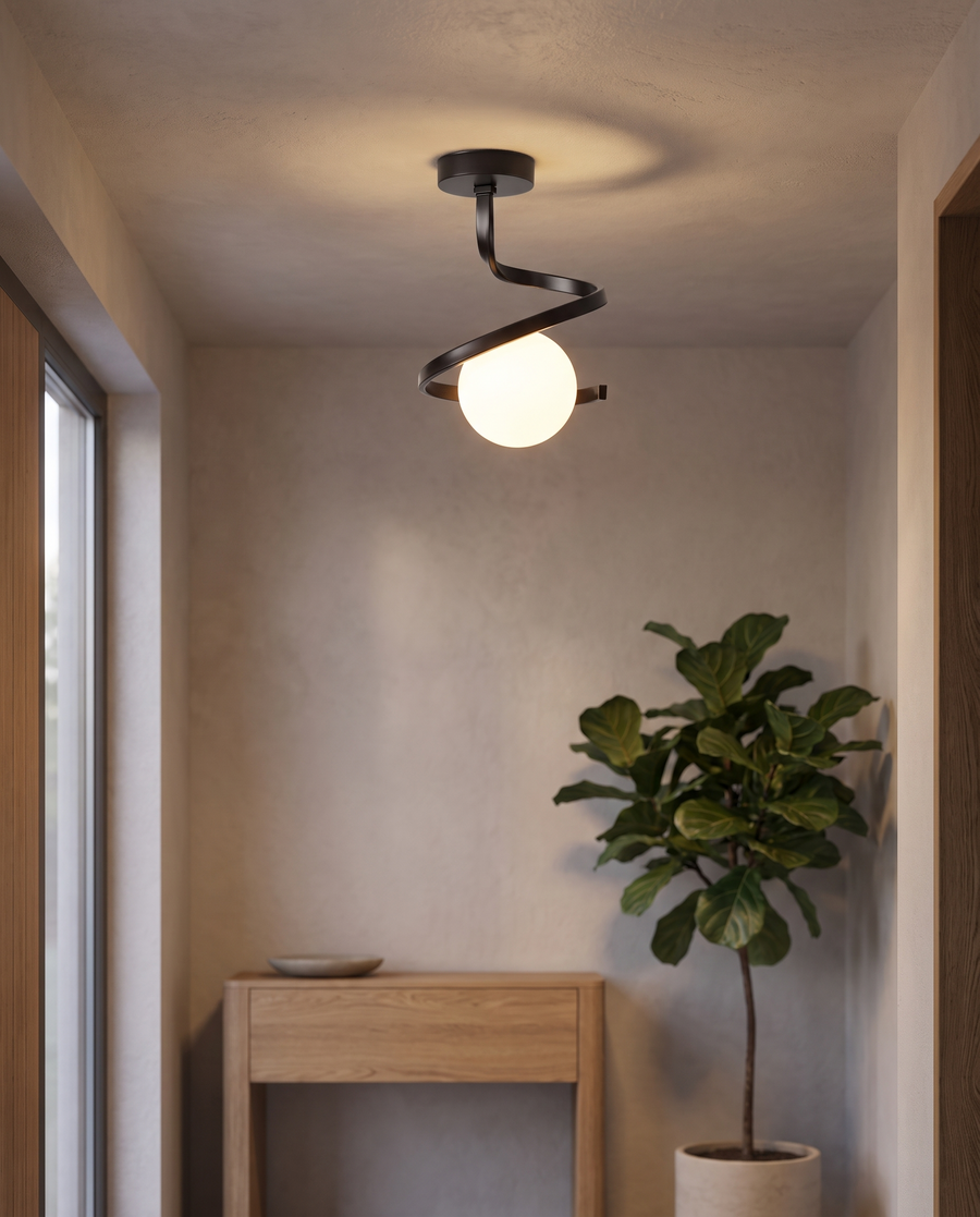 Spiral Iron Ceiling Light Matte Glass Globe Semi-Flush