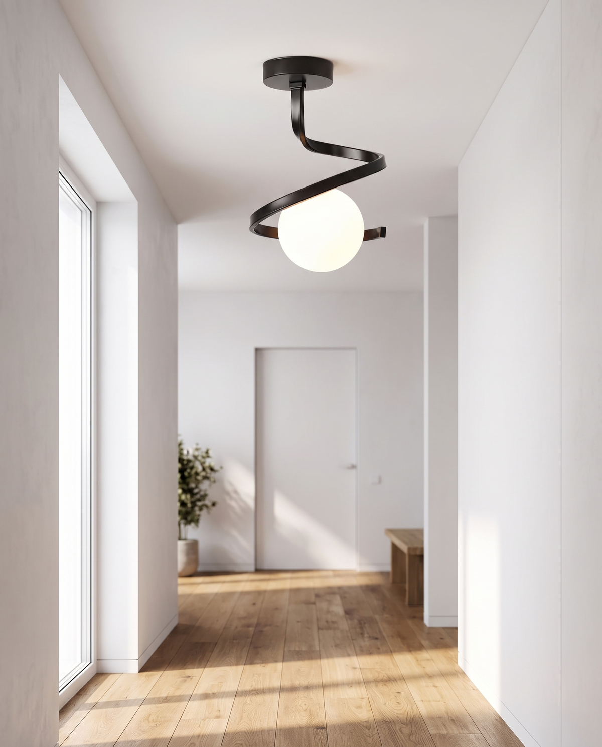 Spiral Iron Ceiling Light Matte Glass Globe Semi-Flush