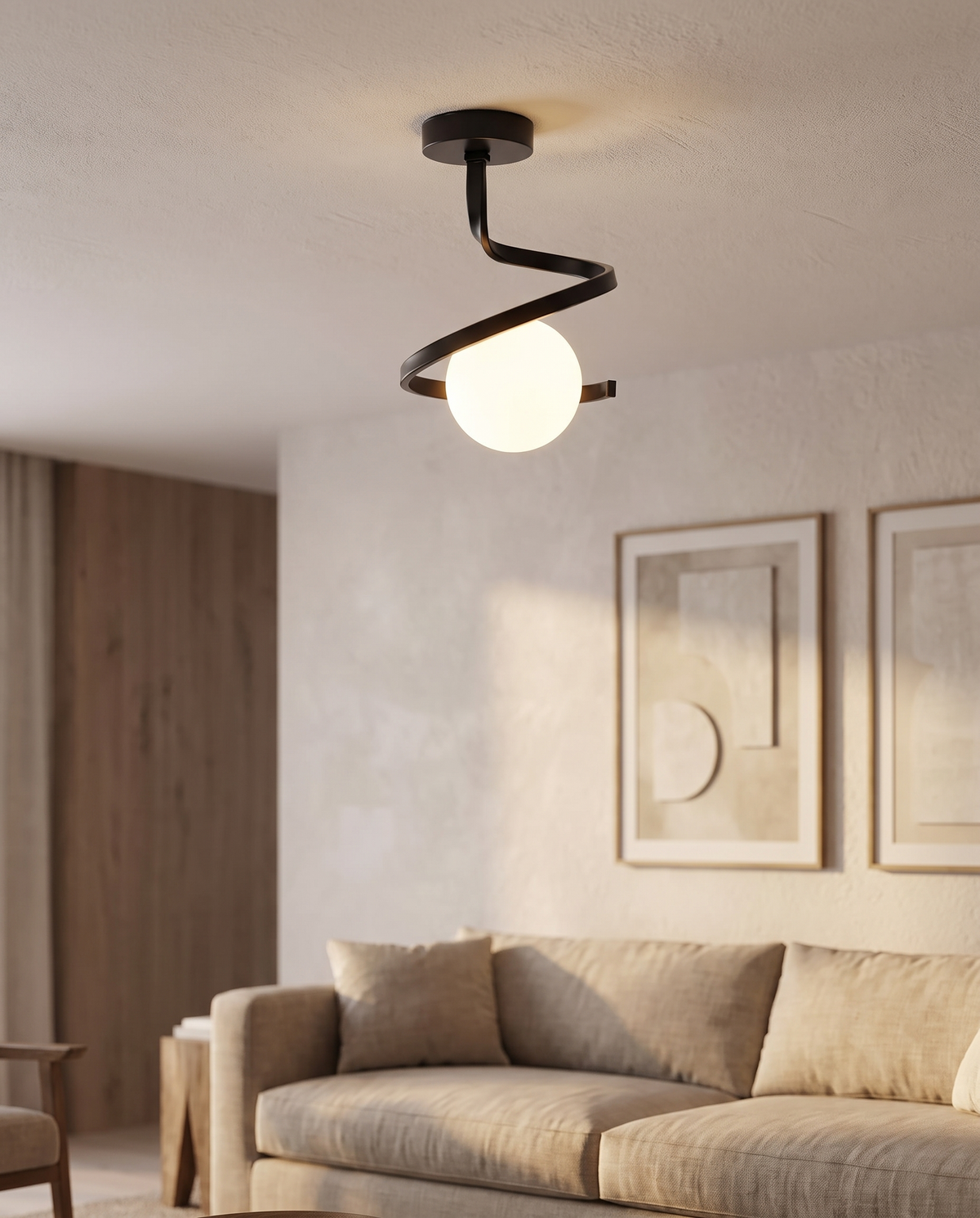 Spiral Iron Ceiling Light Matte Glass Globe Semi-Flush