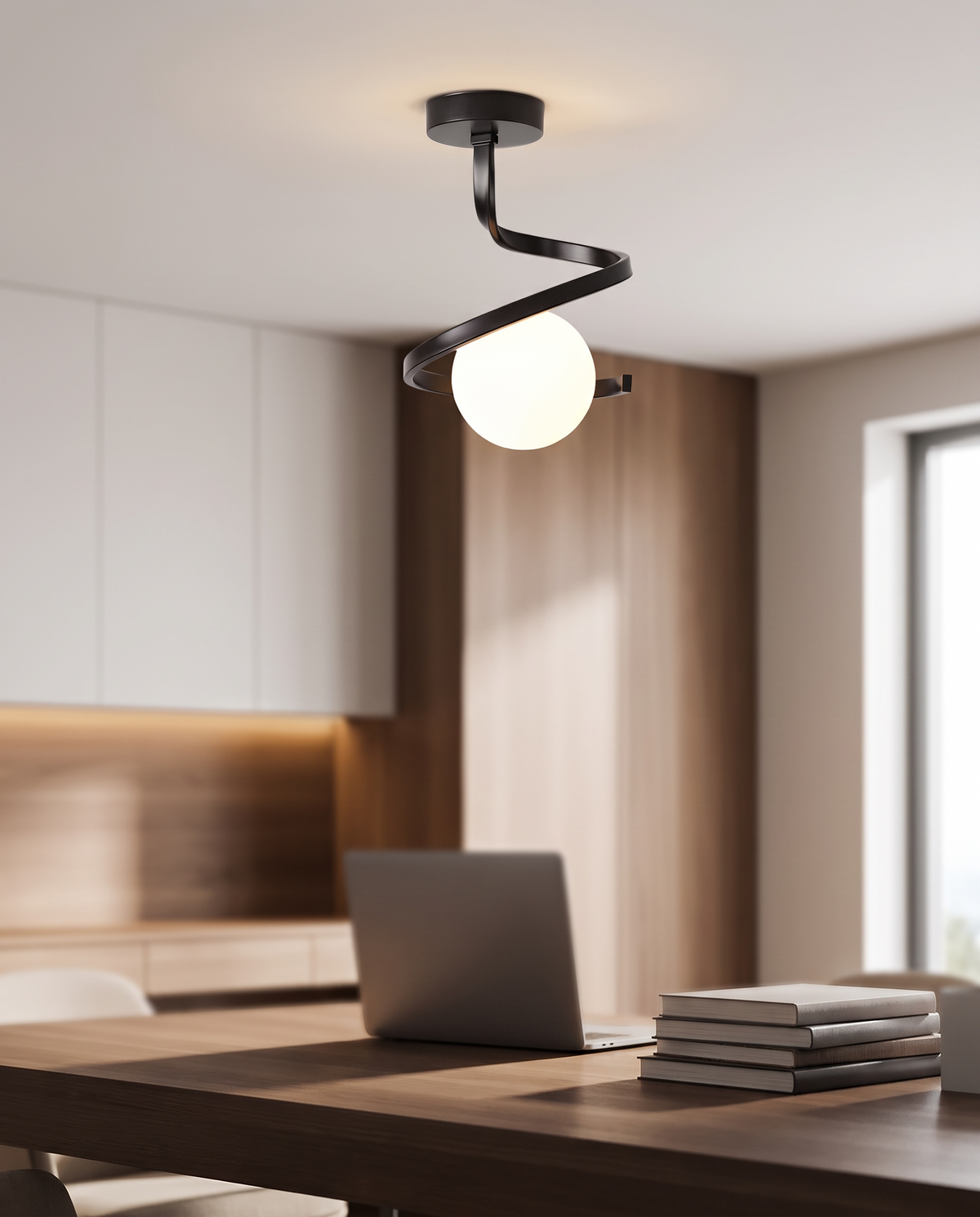 Spiral Iron Ceiling Light Matte Glass Globe Semi-Flush