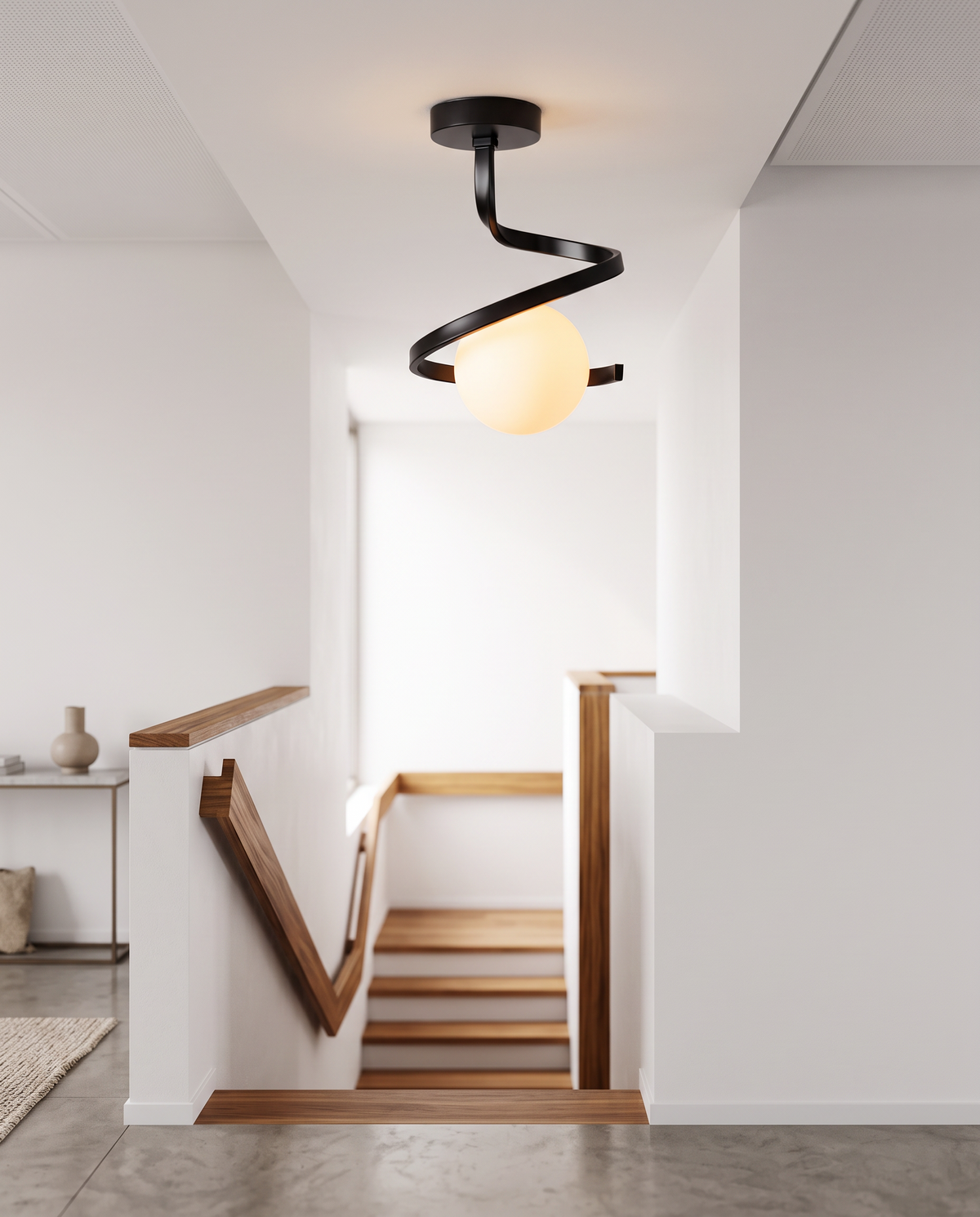 Spiral Iron Ceiling Light Matte Glass Globe Semi-Flush